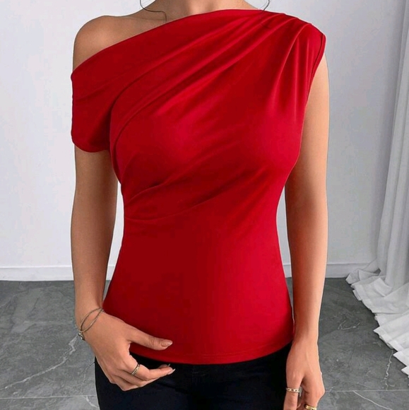 Women's Casual Asymmetric Shoulder Short Sleeve Pleated Blouse, Everyday Wear - Picture 4 of 4